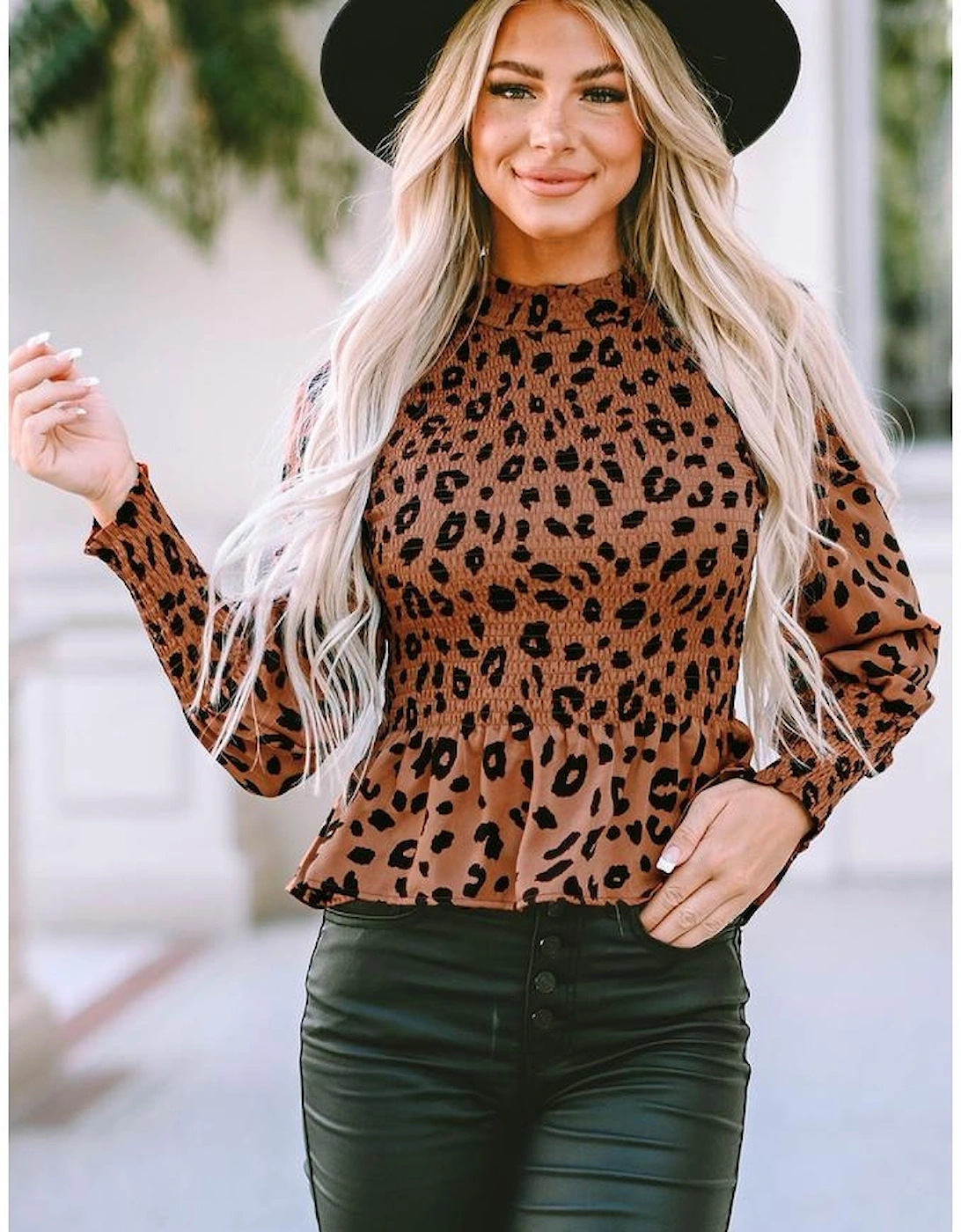 Brown Leopard Smocked Puff Sleeve Peplum Top