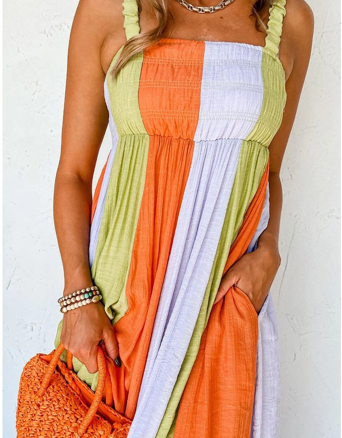 Green Color Block Shirred High Waist Fit and Flare Maxi Dress