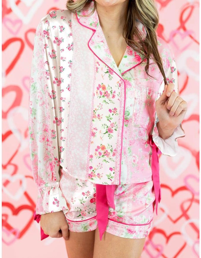 Pink Mixed Floral Print Contrast Piping Trim Satin Tie 2pcs Pajama Set