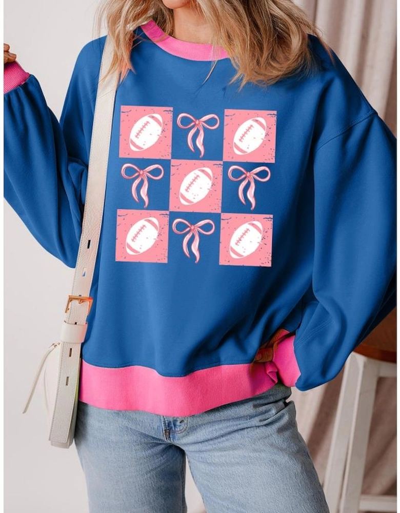 Blue Rugby Bowknot Graphic Game Day Contrast Trim Drop Shoulder Casual Sweatshirt
