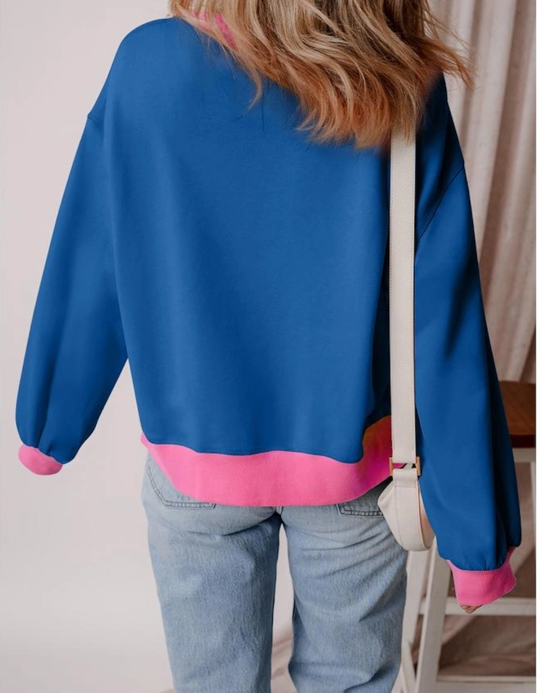 Blue Rugby Bowknot Graphic Game Day Contrast Trim Drop Shoulder Casual Sweatshirt