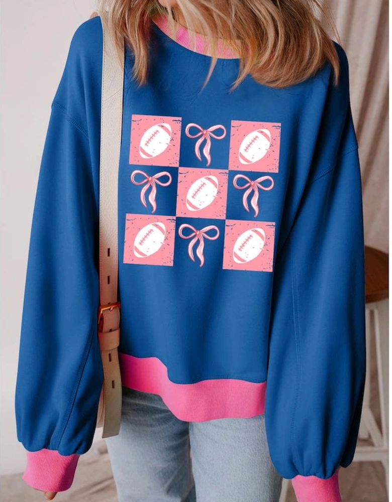 Blue Rugby Bowknot Graphic Game Day Contrast Trim Drop Shoulder Casual Sweatshirt