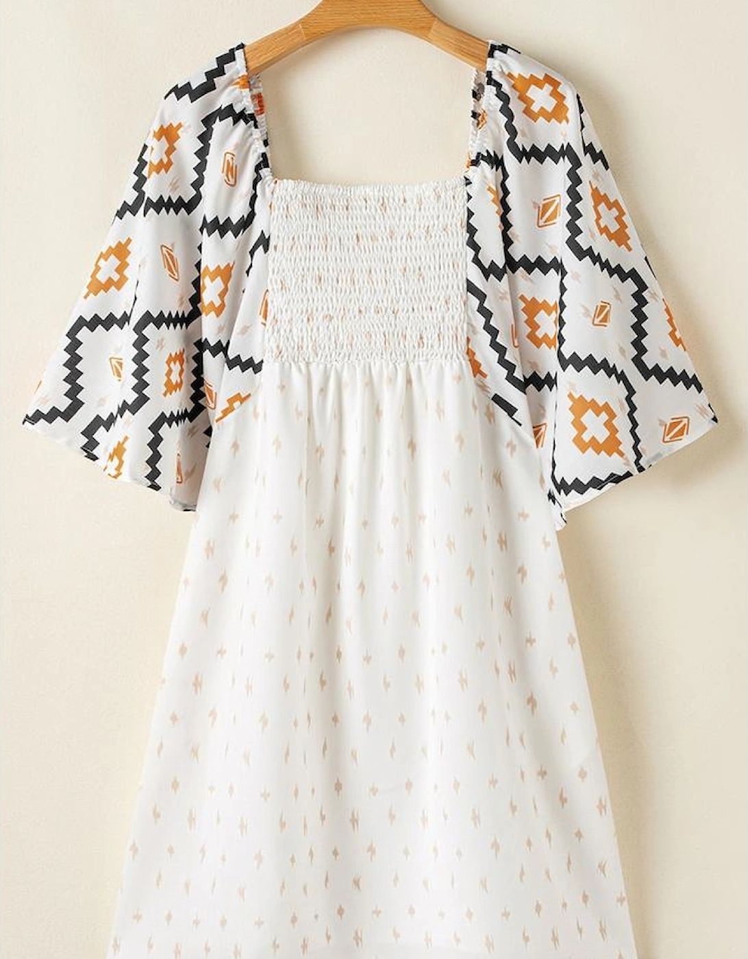 Beige Western Aztec Print Pleated Square Neck Loose Mini Dress