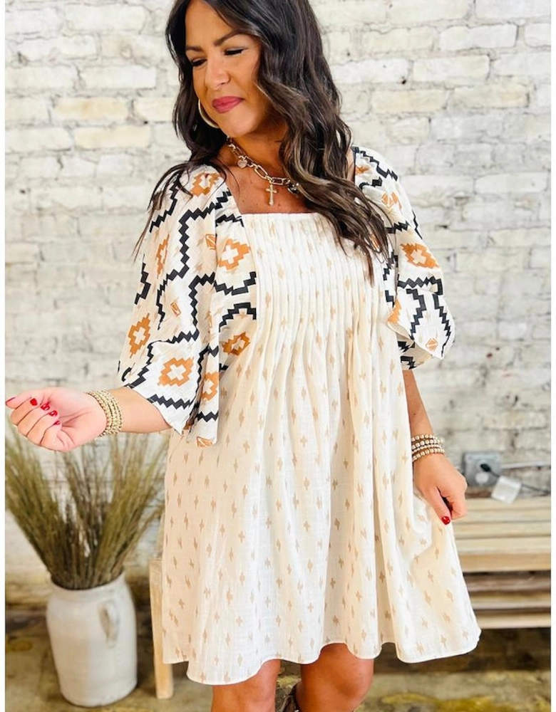 Beige Western Aztec Print Pleated Square Neck Loose Mini Dress