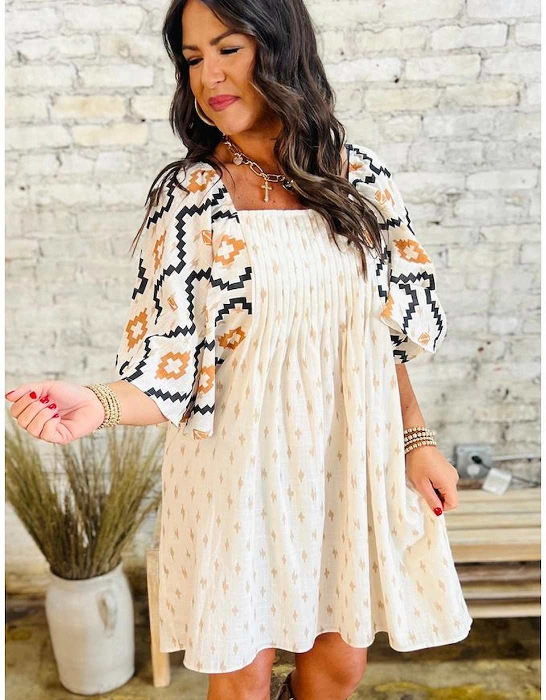 Beige Western Aztec Print Pleated Square Neck Loose Mini Dress