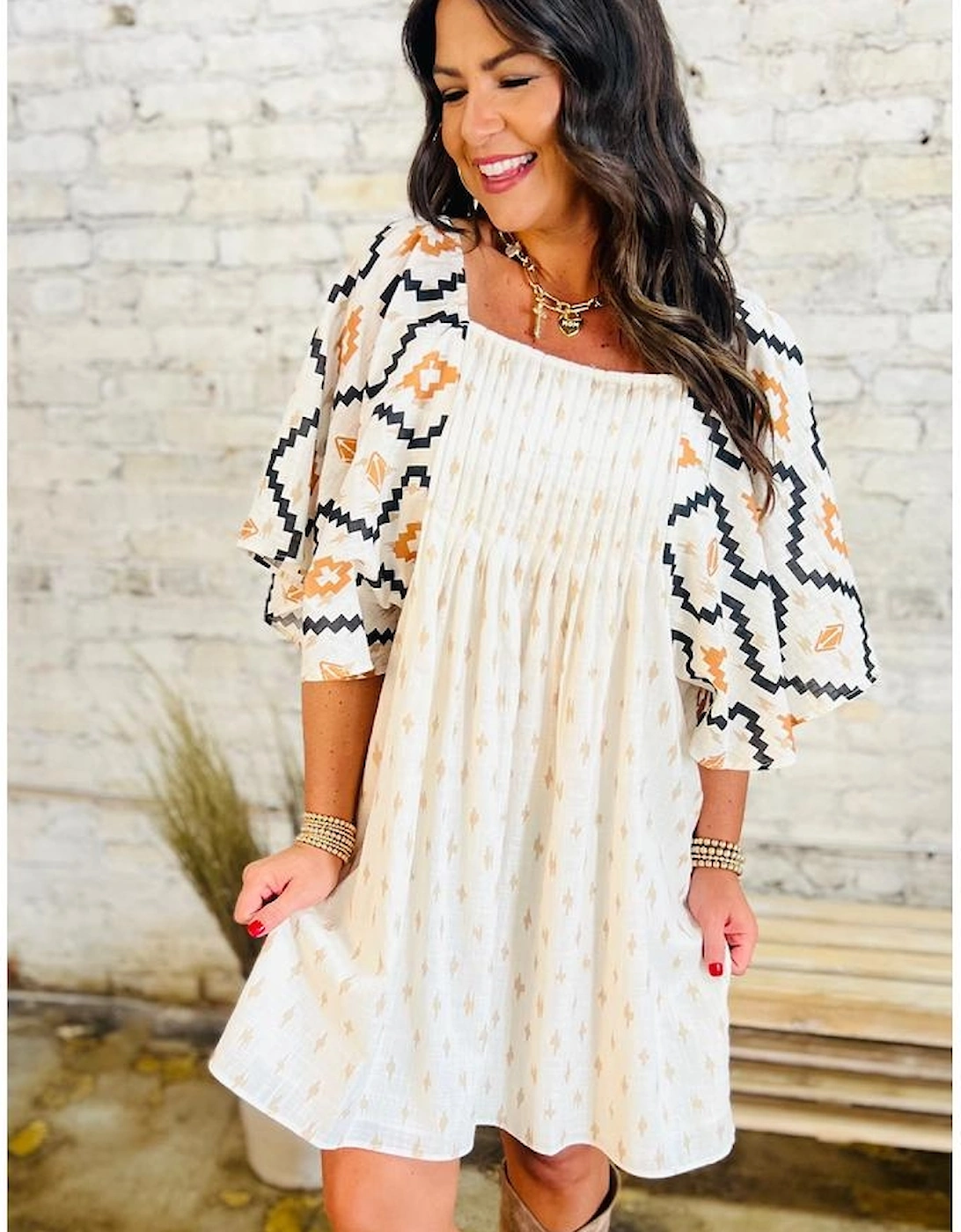 Beige Western Aztec Print Pleated Square Neck Loose Mini Dress