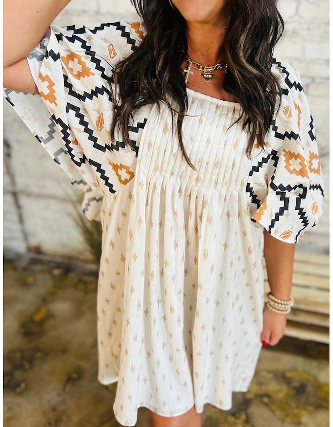 Beige Western Aztec Print Pleated Square Neck Loose Mini Dress, 16 of 15