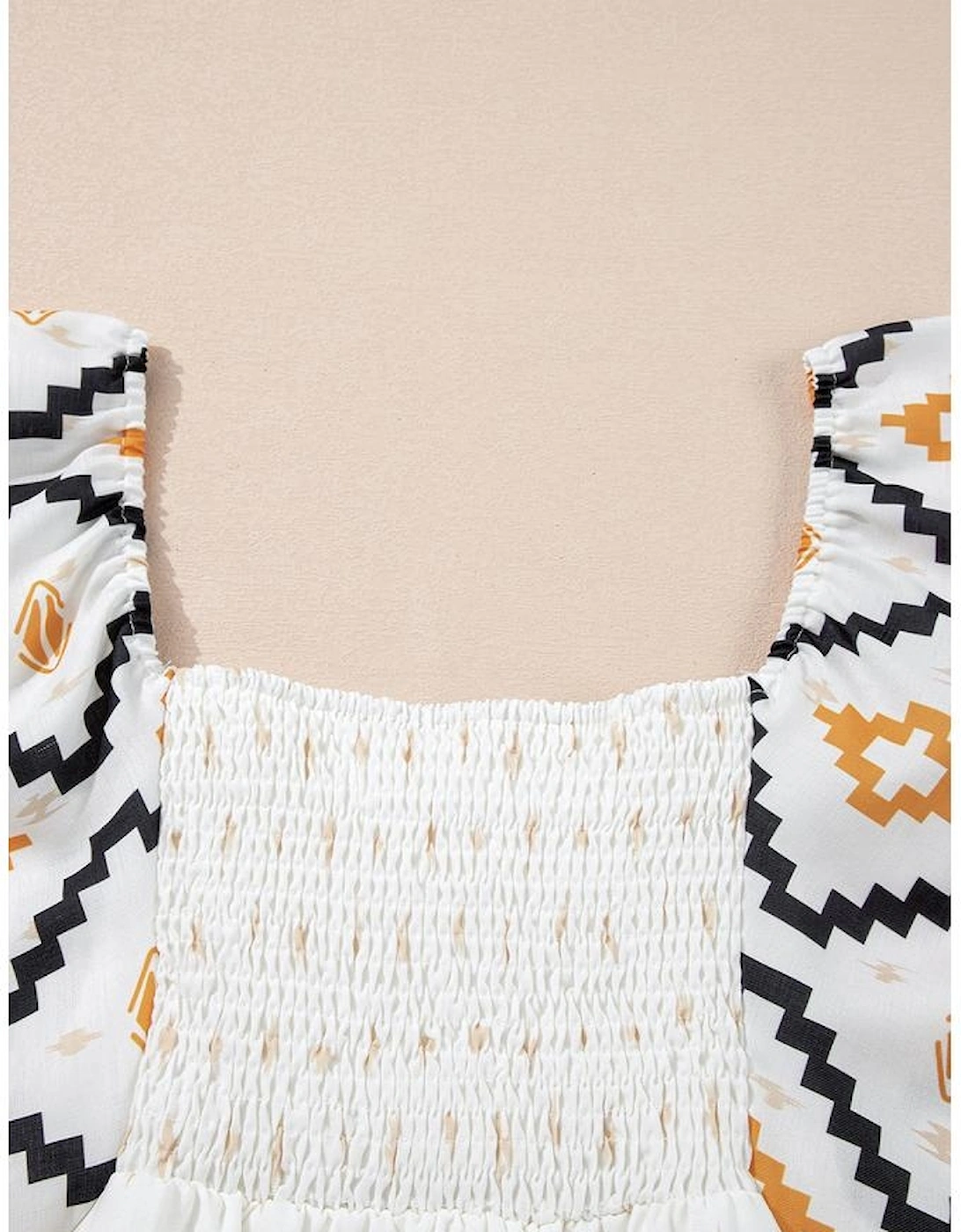 Beige Western Aztec Print Pleated Square Neck Loose Mini Dress