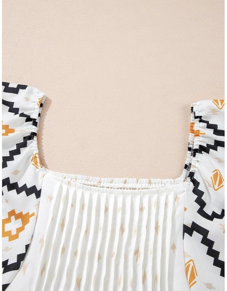 Beige Western Aztec Print Pleated Square Neck Loose Mini Dress