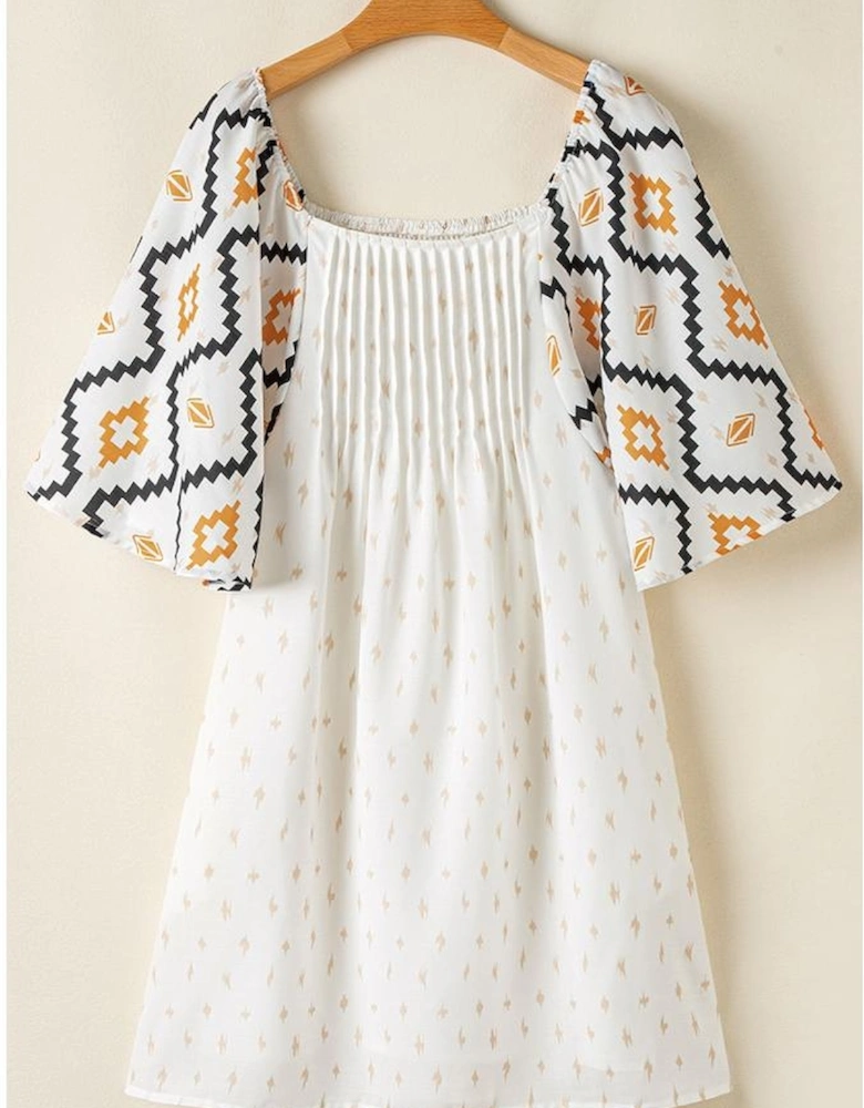 Beige Western Aztec Print Pleated Square Neck Loose Mini Dress