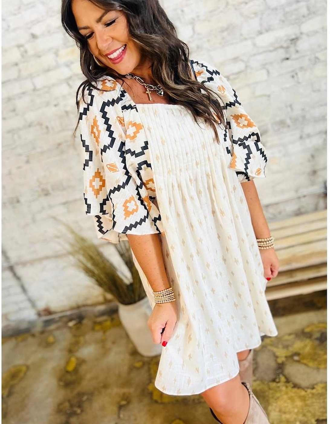 Beige Western Aztec Print Pleated Square Neck Loose Mini Dress