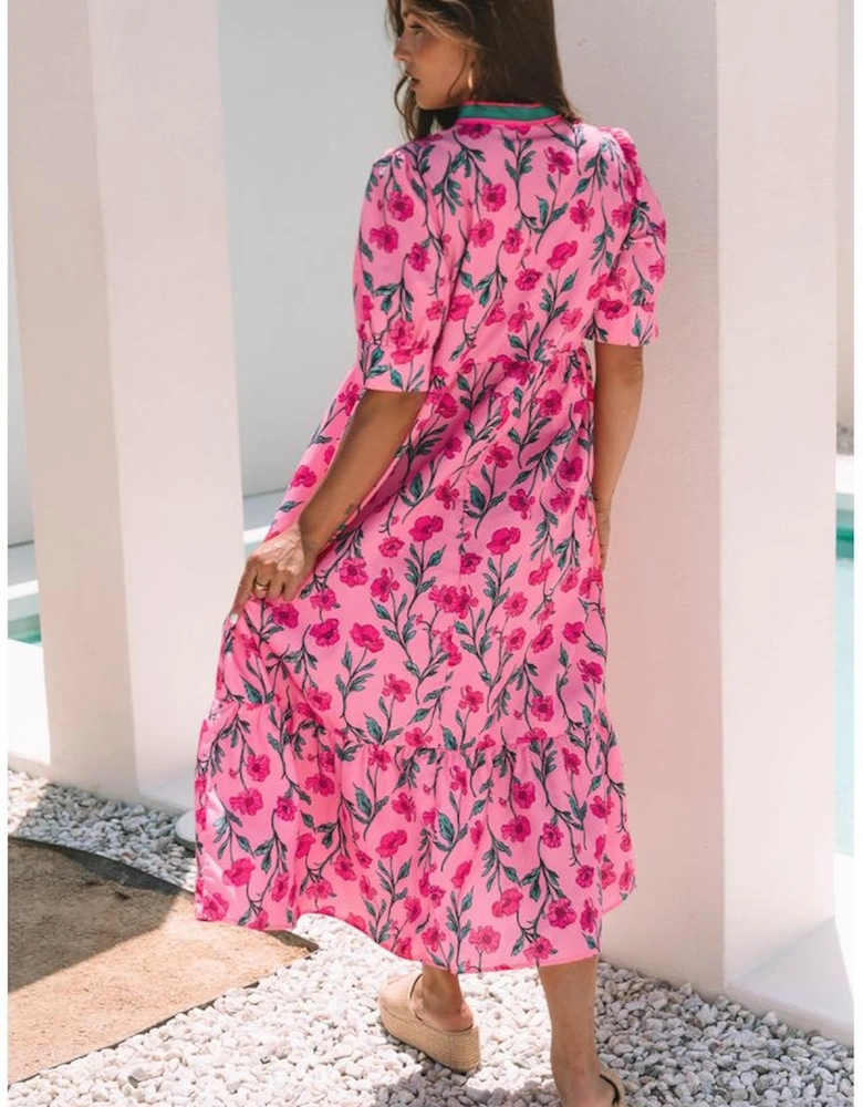 Pink Floral Contrast Neckline A-line Puff Sleeve Long Dress