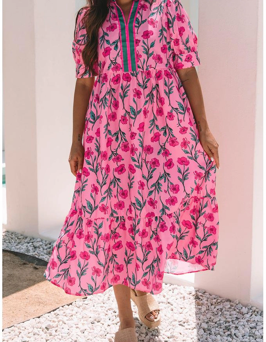 Pink Floral Contrast Neckline A-line Puff Sleeve Long Dress
