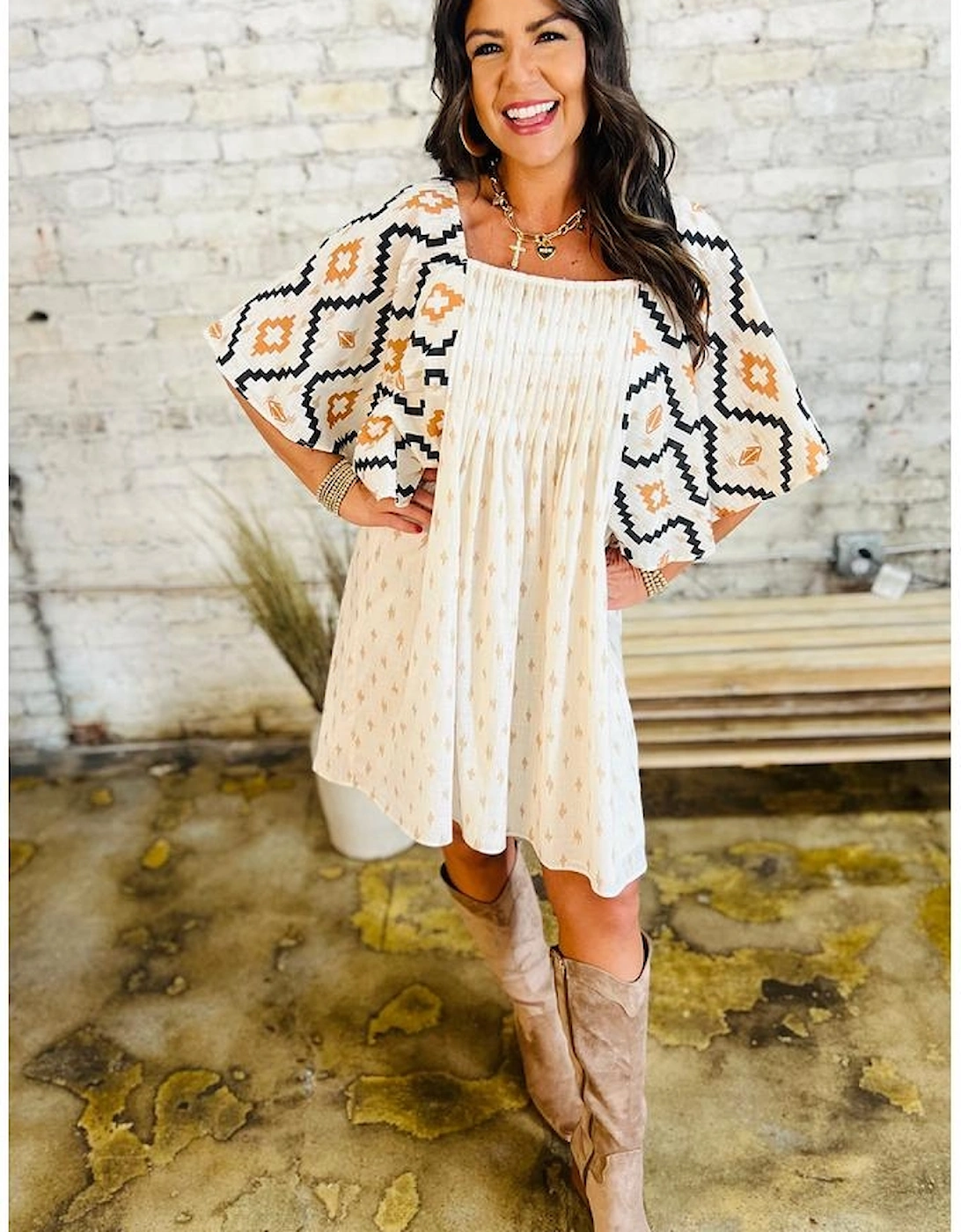 Beige Western Aztec Print Pleated Square Neck Loose Mini Dress