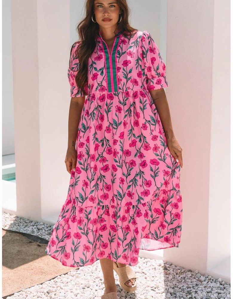 Pink Floral Contrast Neckline A-line Puff Sleeve Long Dress