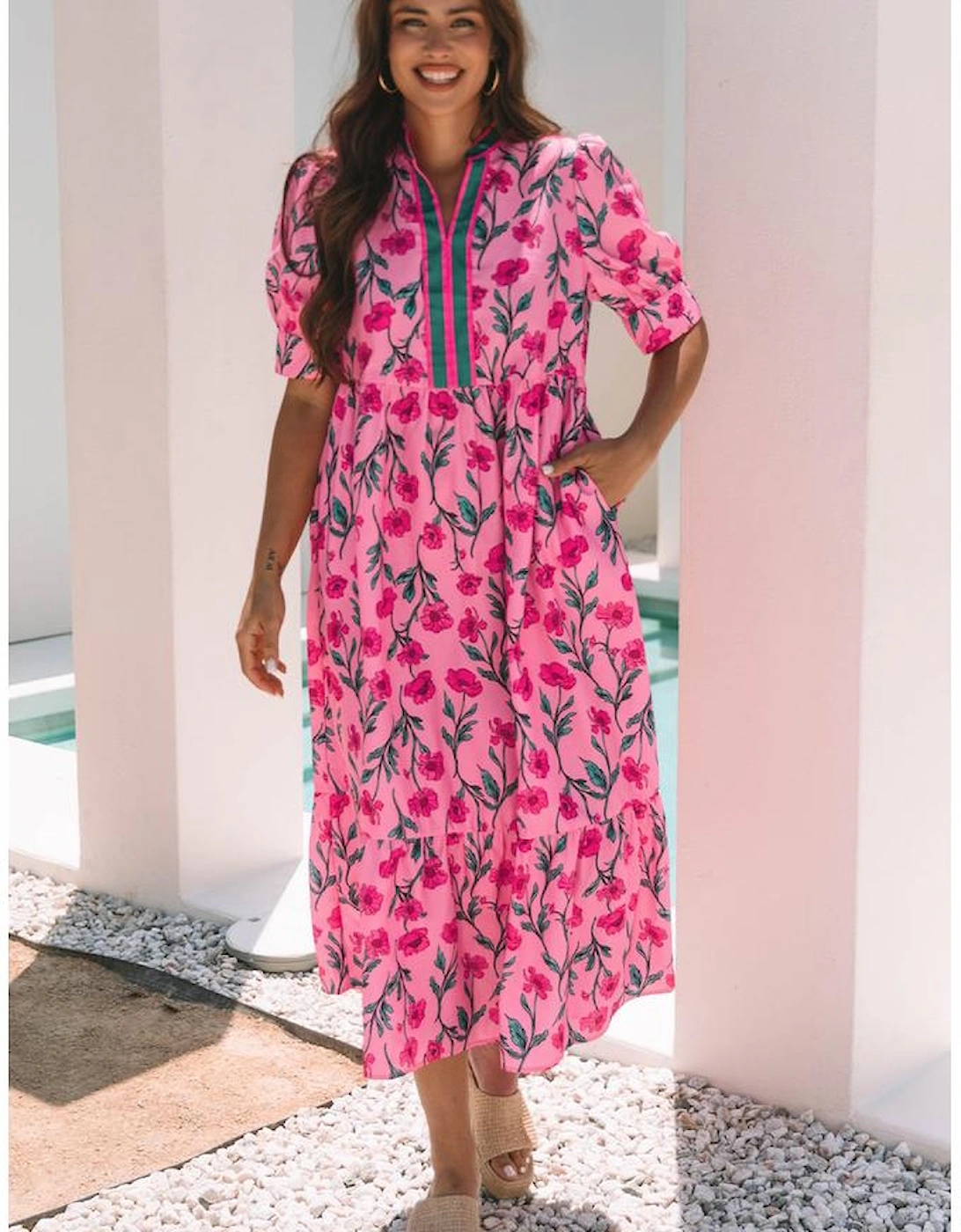 Pink Floral Contrast Neckline A-line Puff Sleeve Long Dress