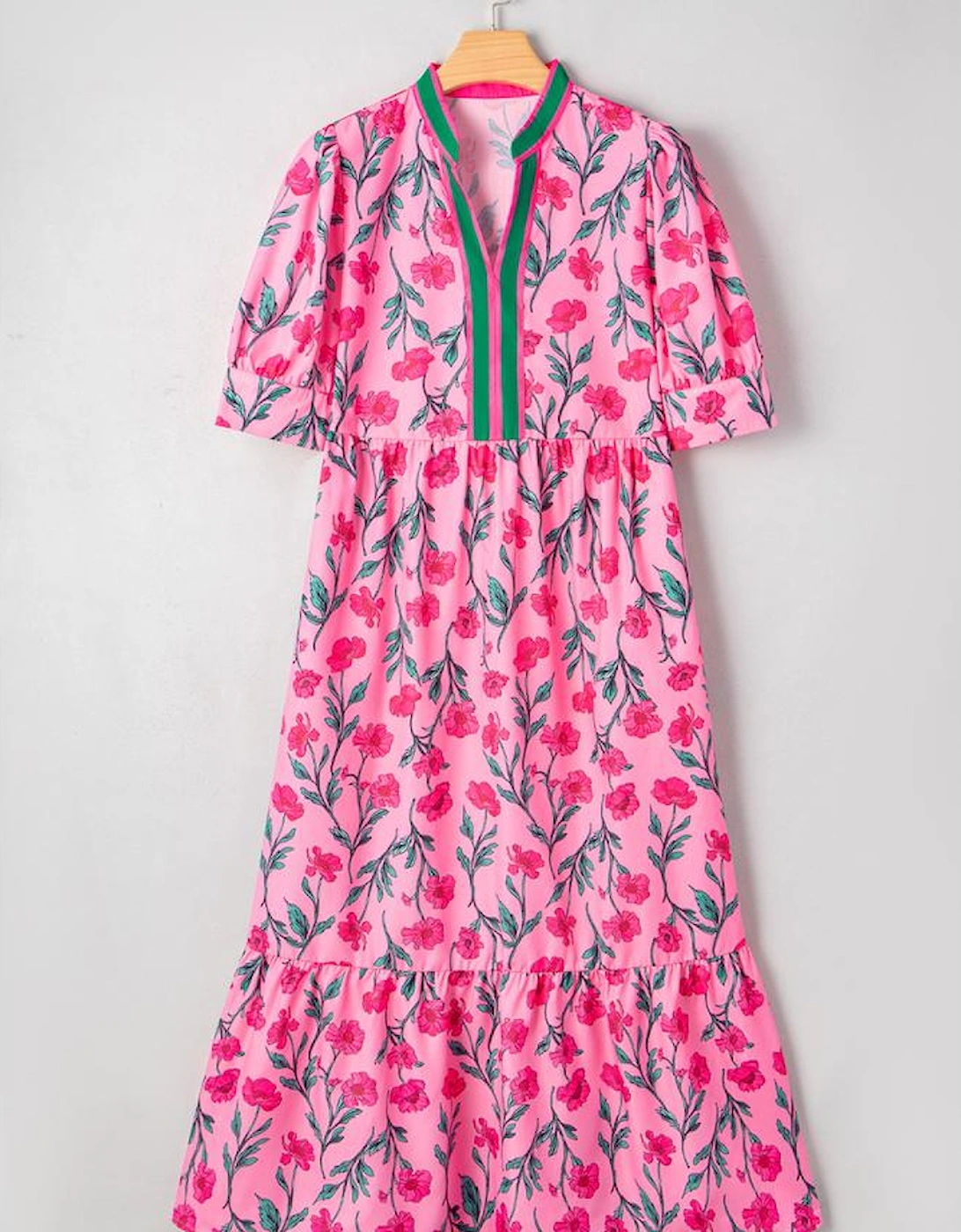 Pink Floral Contrast Neckline A-line Puff Sleeve Long Dress