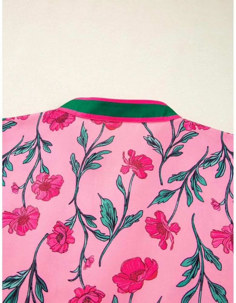 Pink Floral Contrast Neckline A-line Puff Sleeve Long Dress