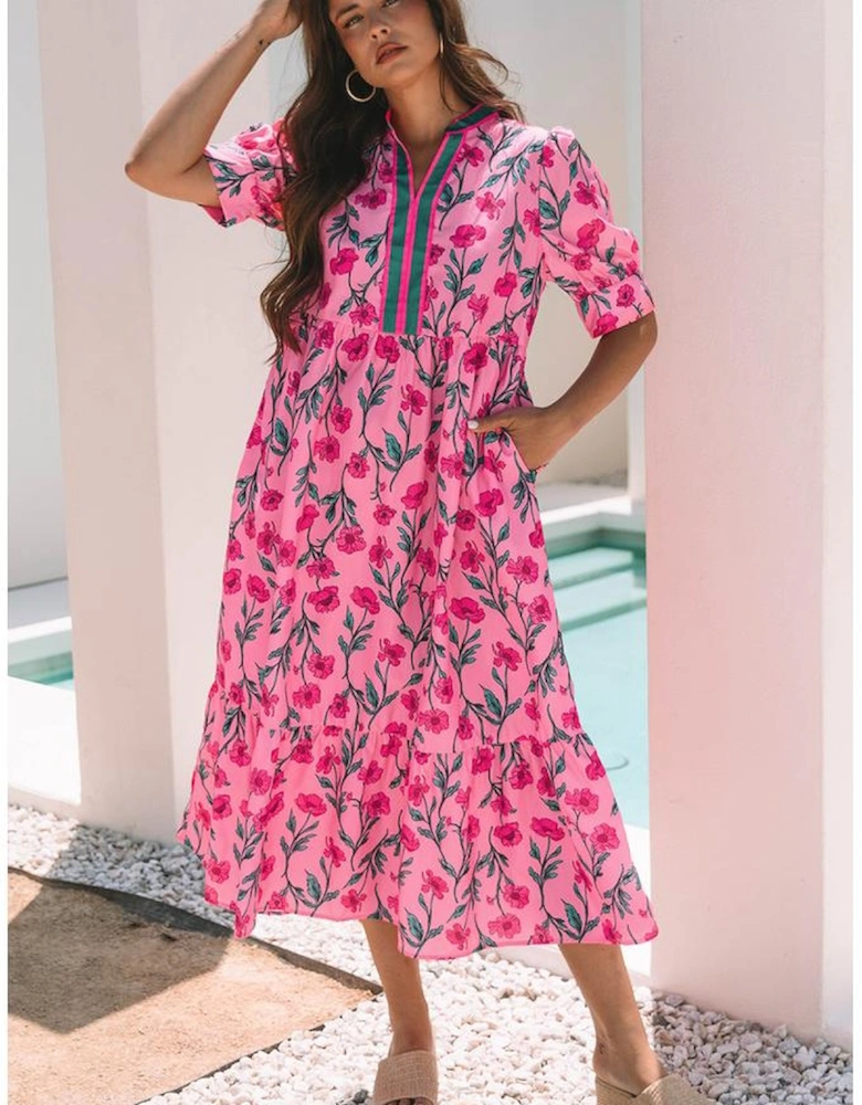 Pink Floral Contrast Neckline A-line Puff Sleeve Long Dress