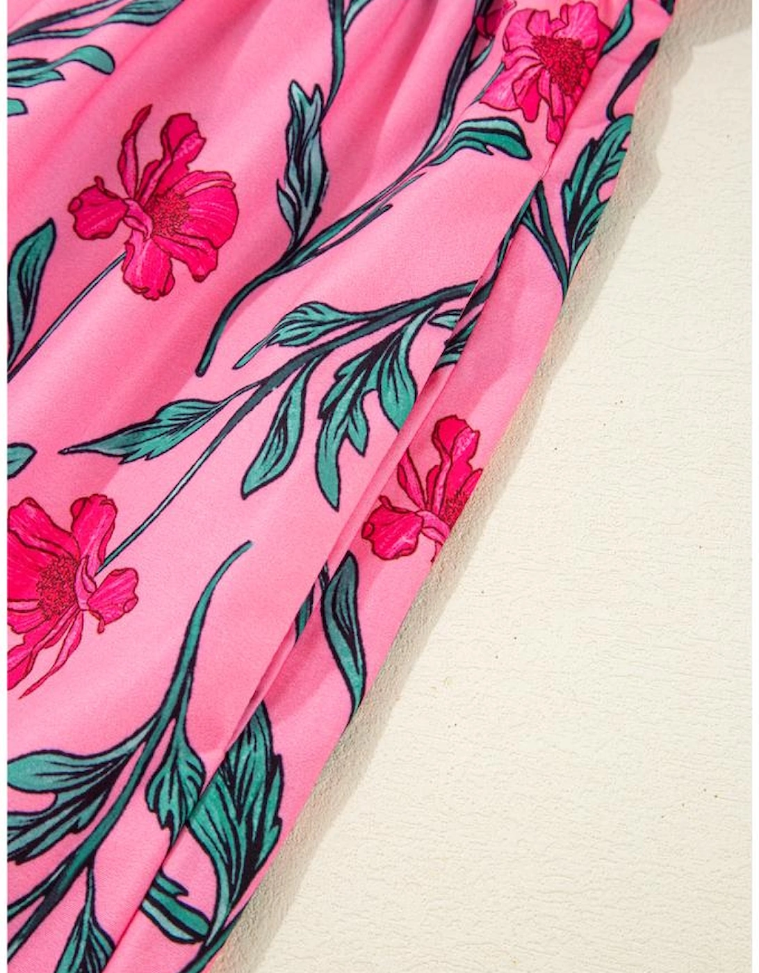 Pink Floral Contrast Neckline A-line Puff Sleeve Long Dress