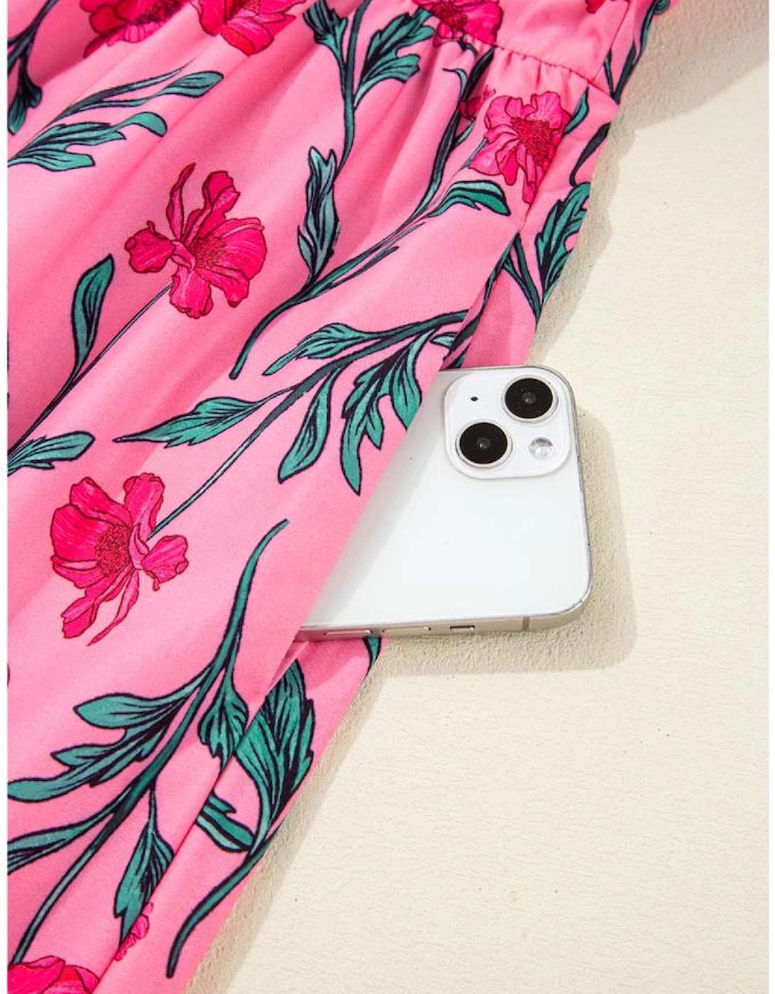 Pink Floral Contrast Neckline A-line Puff Sleeve Long Dress