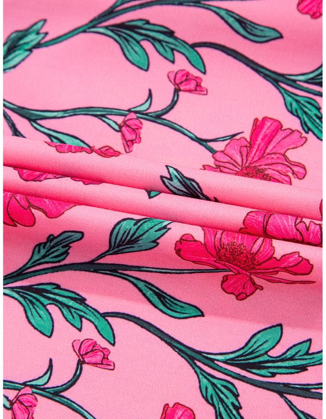 Pink Floral Contrast Neckline A-line Puff Sleeve Long Dress