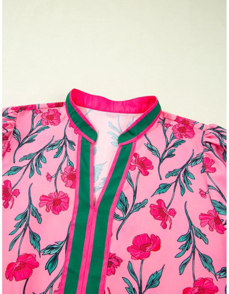 Pink Floral Contrast Neckline A-line Puff Sleeve Long Dress