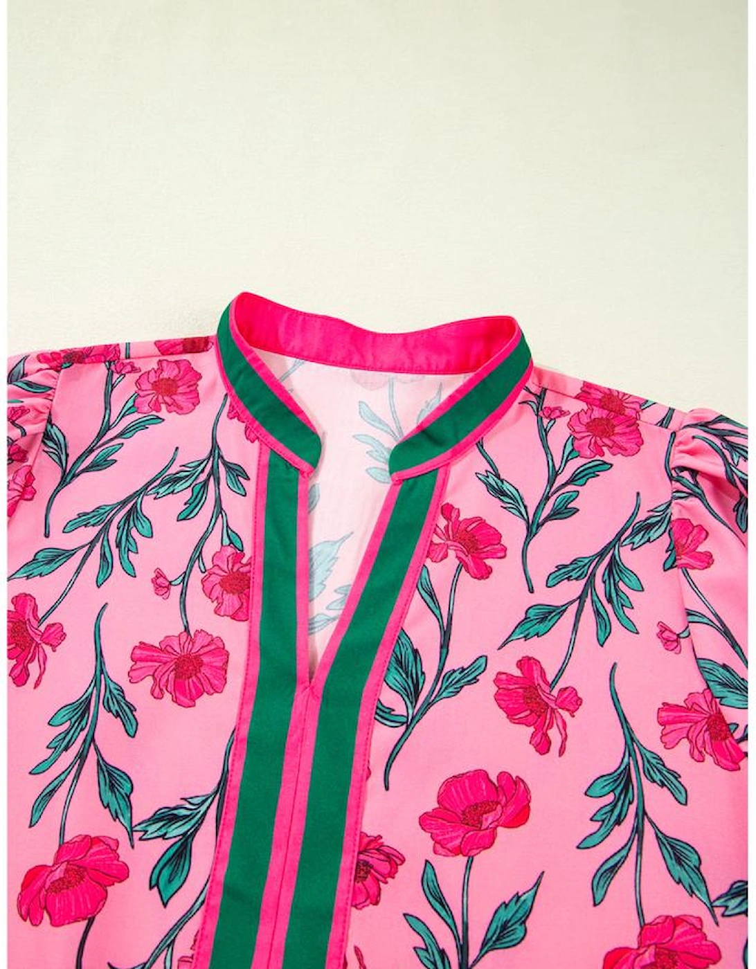 Pink Floral Contrast Neckline A-line Puff Sleeve Long Dress