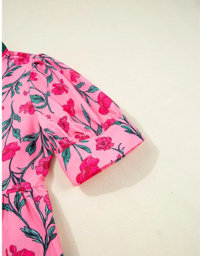 Pink Floral Contrast Neckline A-line Puff Sleeve Long Dress