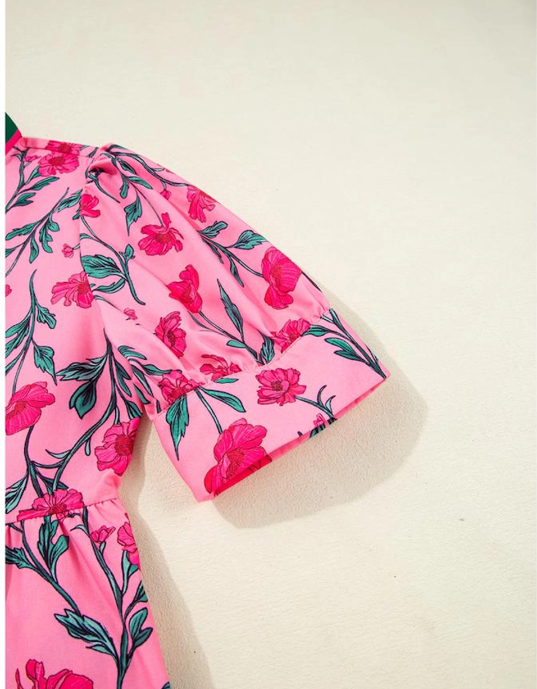 Pink Floral Contrast Neckline A-line Puff Sleeve Long Dress