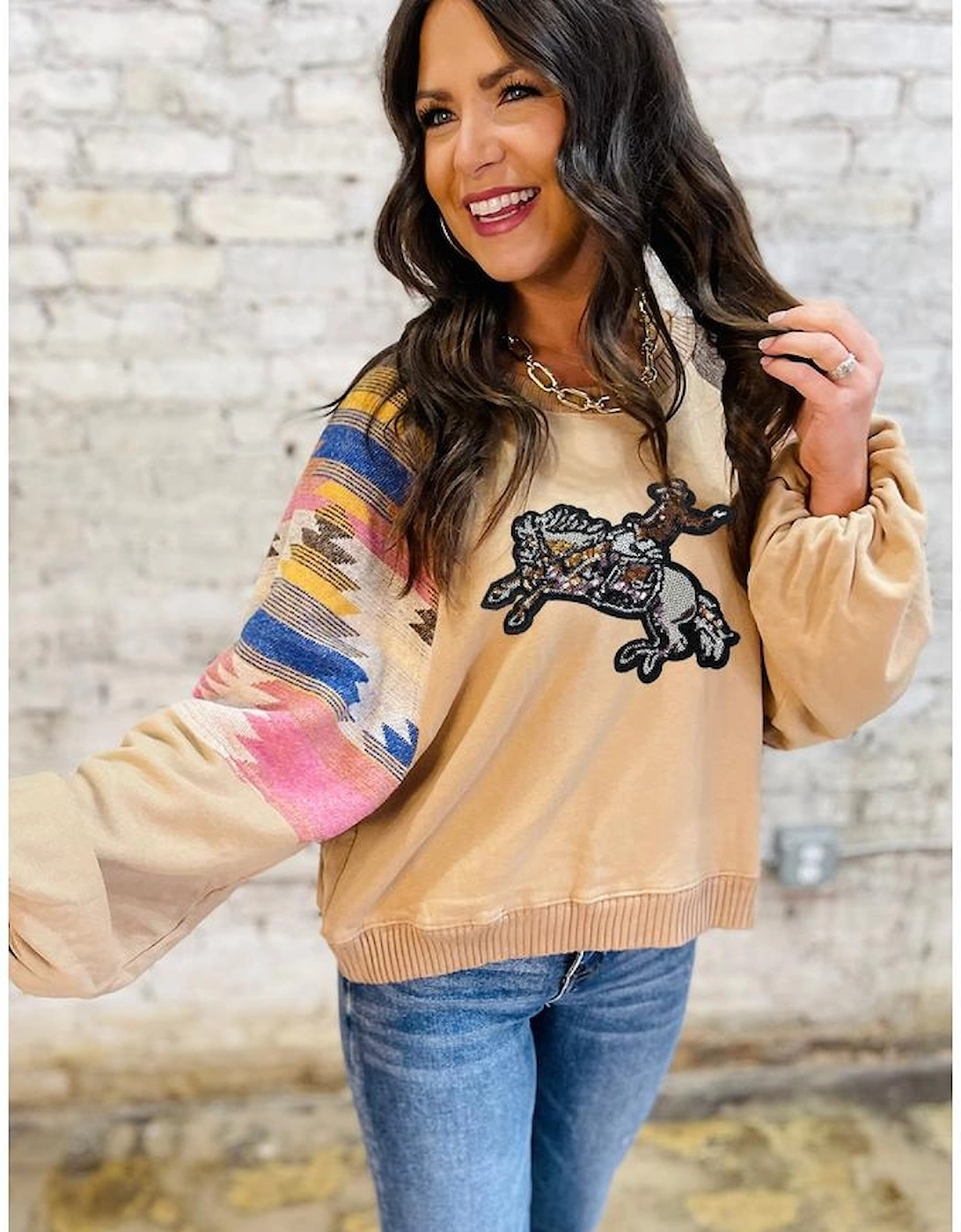 Light French Beige Sequined Rodeo Graphic Aztec Bubble Sleeve Patchwork Western Sweatshirt, 8 of 7
