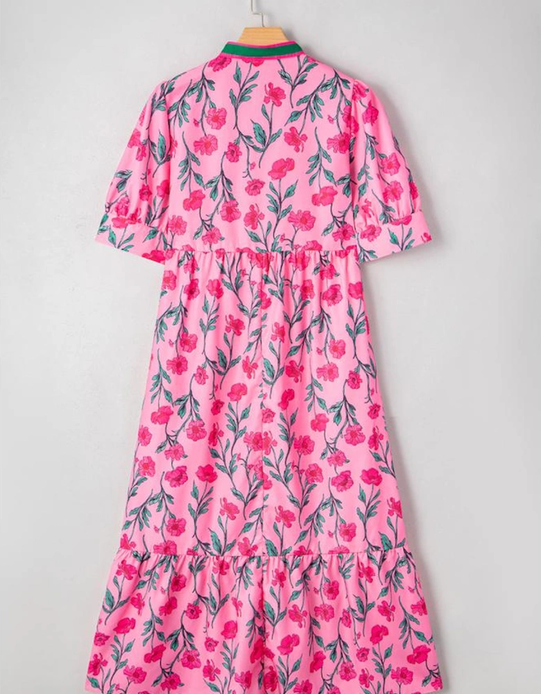 Pink Floral Contrast Neckline A-line Puff Sleeve Long Dress