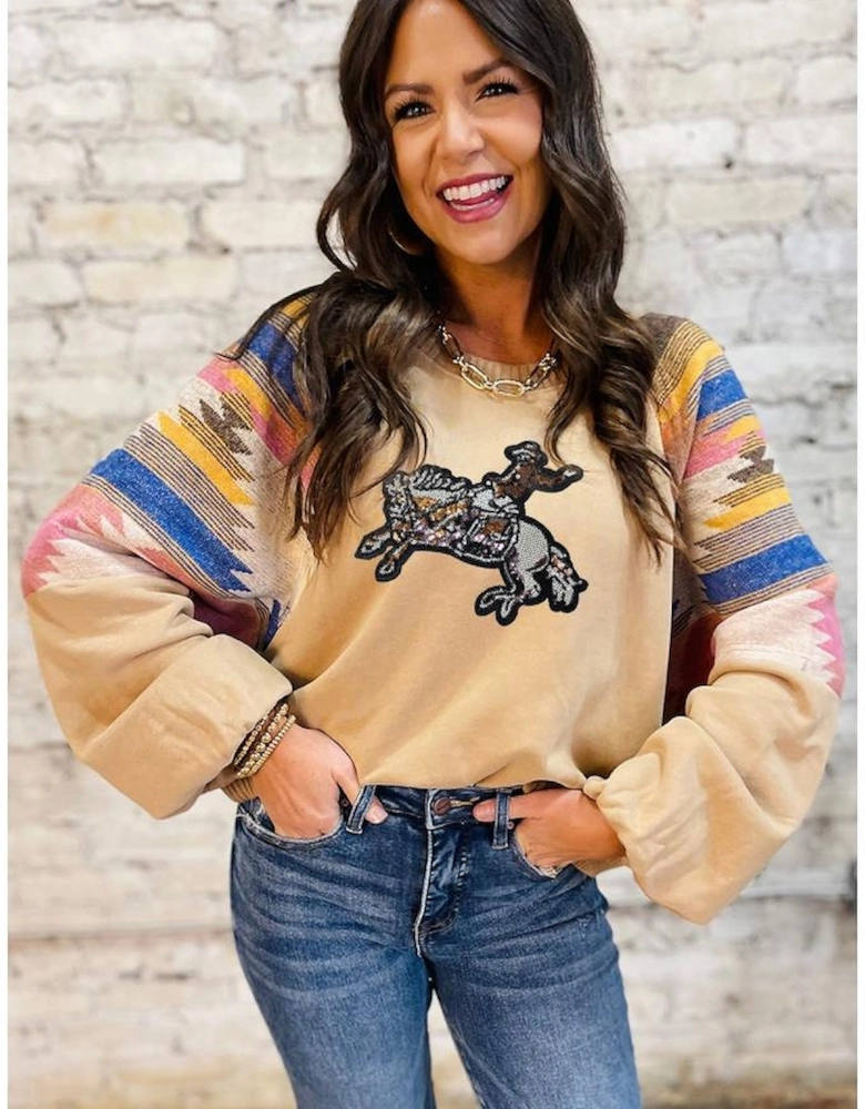 Light French Beige Sequined Rodeo Graphic Aztec Bubble Sleeve Patchwork Western Sweatshirt