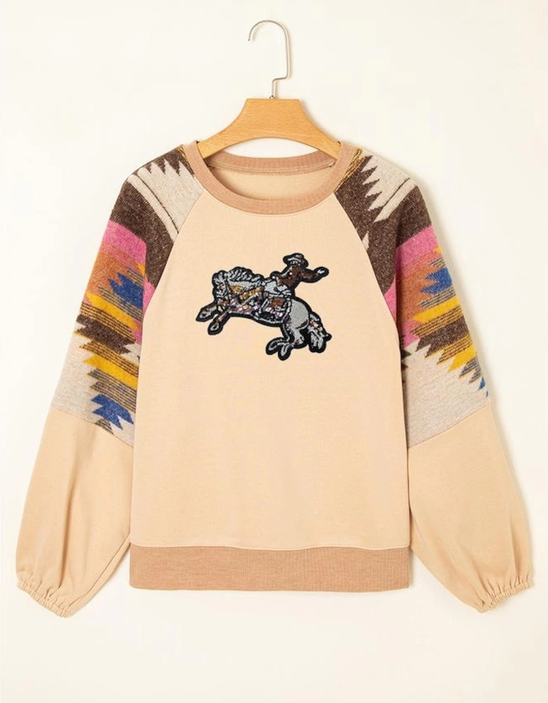 Light French Beige Sequined Rodeo Graphic Aztec Bubble Sleeve Patchwork Western Sweatshirt