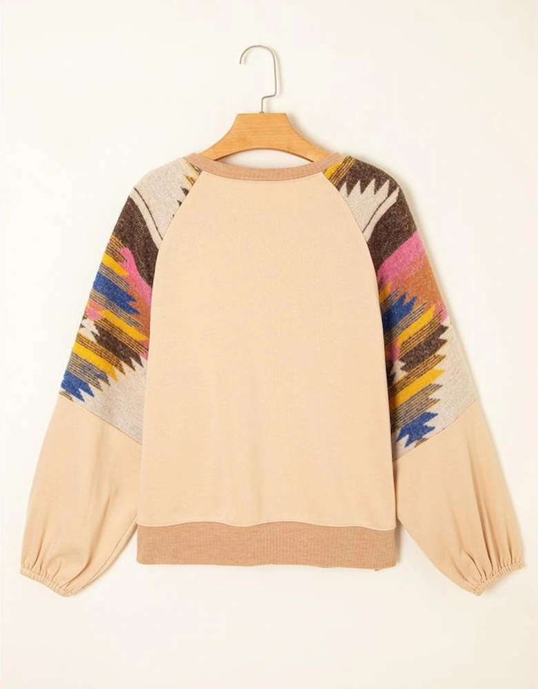 Light French Beige Sequined Rodeo Graphic Aztec Bubble Sleeve Patchwork Western Sweatshirt