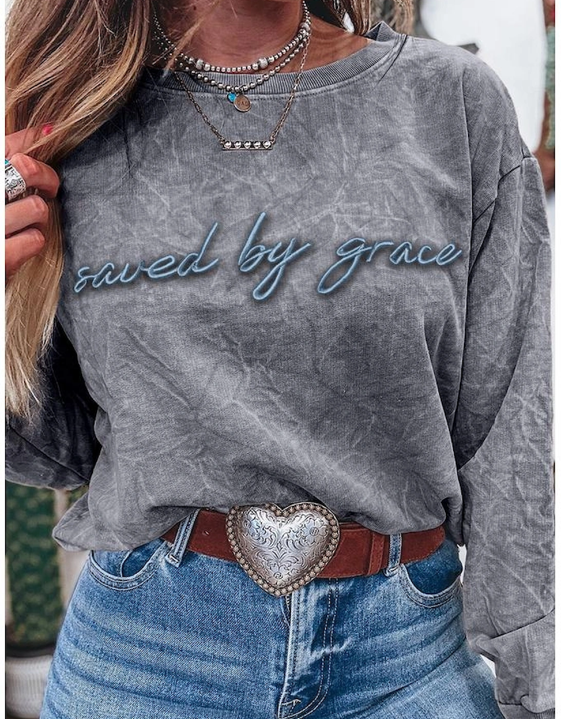 High-rise saved by grace Letter Embroidery Mineral Wash Loose Sweatshirt
