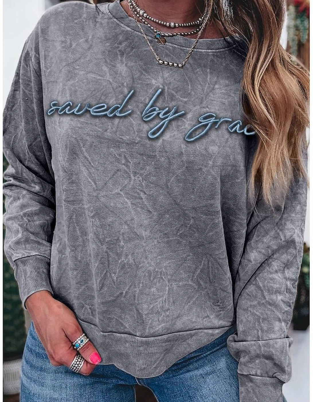 High-rise saved by grace Letter Embroidery Mineral Wash Loose Sweatshirt