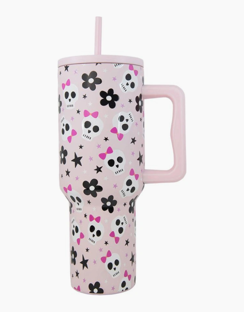 Azura Exchange Light Pink Halloween Skull Flower Print Handle Large Vacuum Cup 40oz