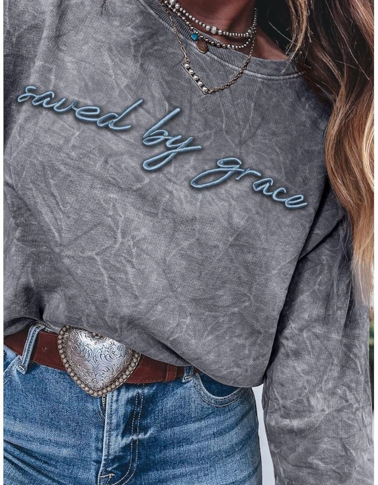High-rise saved by grace Letter Embroidery Mineral Wash Loose Sweatshirt