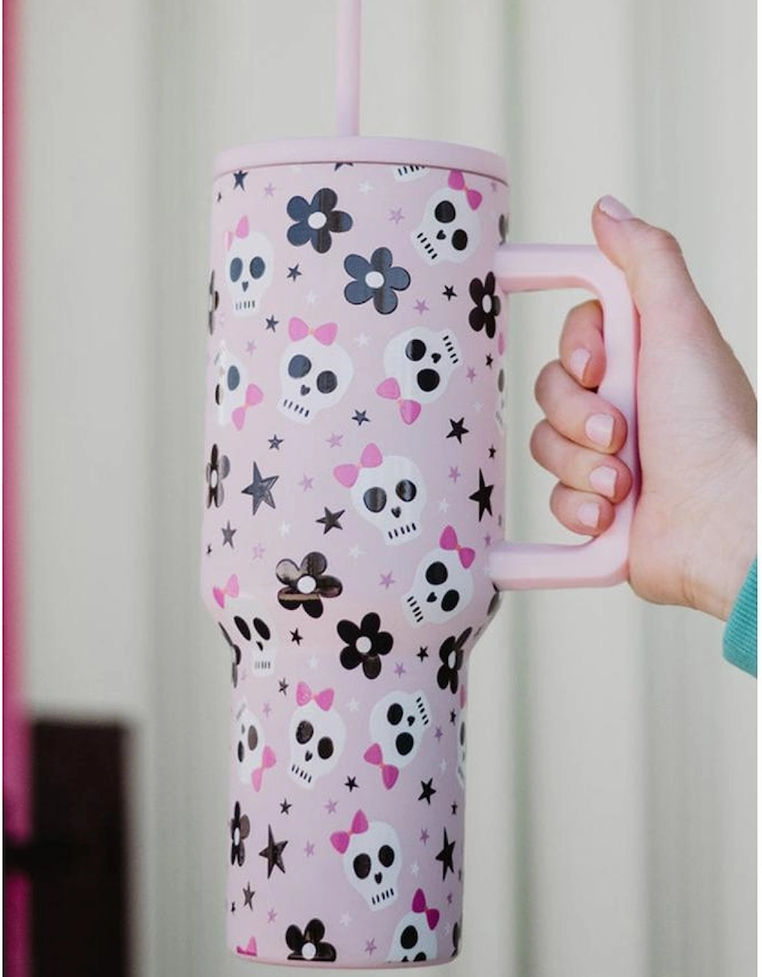 Azura Exchange Light Pink Halloween Skull Flower Print Handle Large Vacuum Cup 40oz, 3 of 2