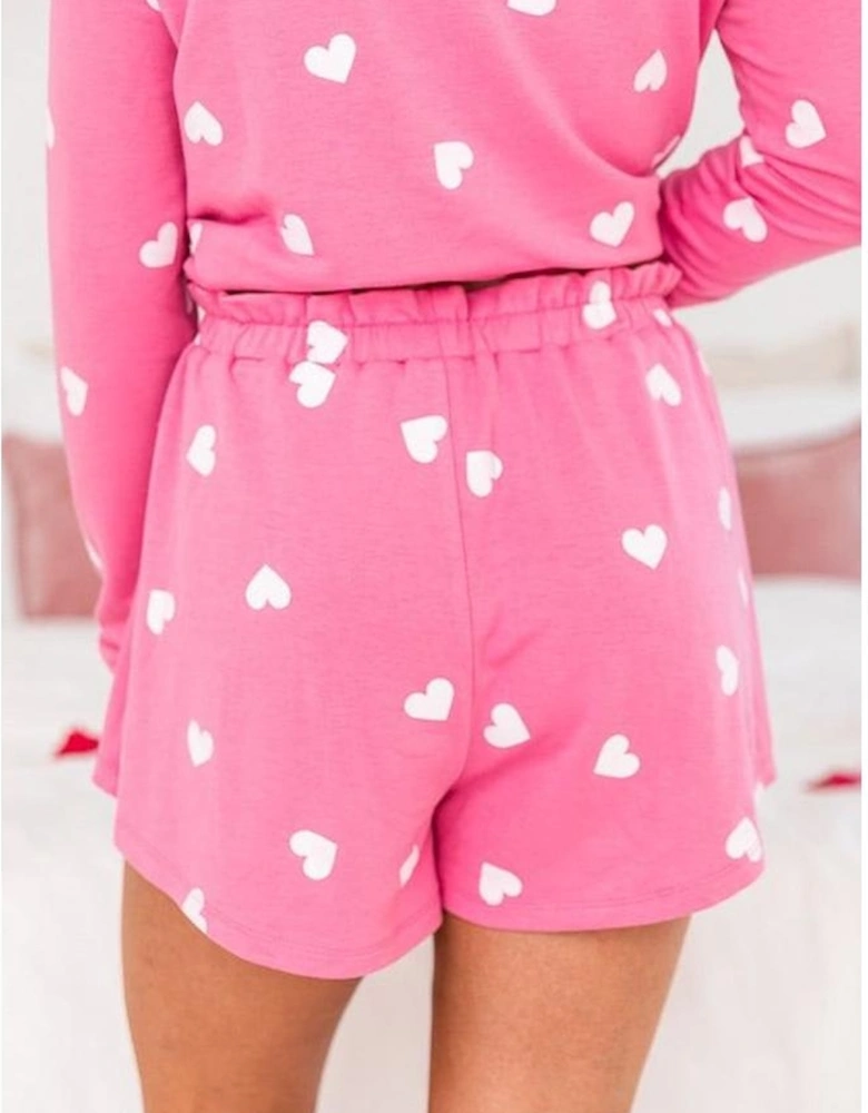 Pink Valentine Heart Print Long Sleeve Tee and Shorts Lounge Set