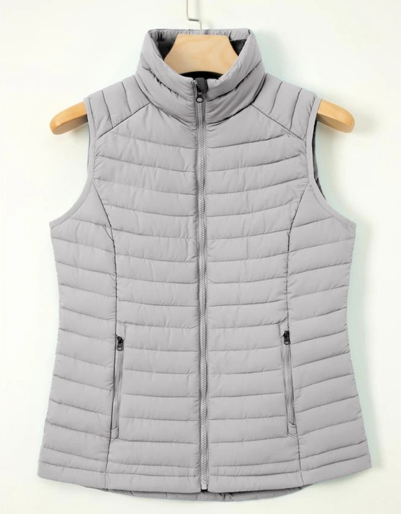 Silvery Plush Collared Quilted Zipped Puffer Vest