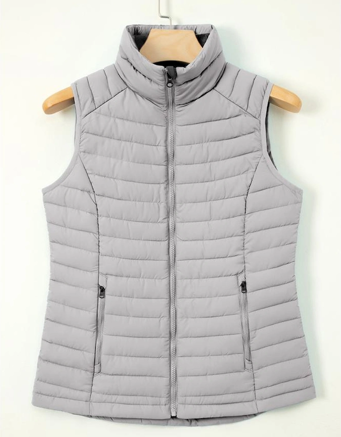Silvery Plush Collared Quilted Zipped Puffer Vest