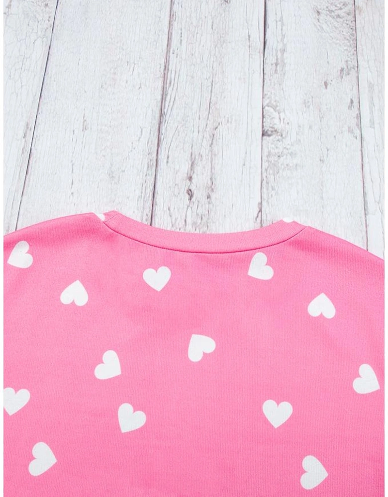 Pink Valentine Heart Print Long Sleeve Tee and Shorts Lounge Set