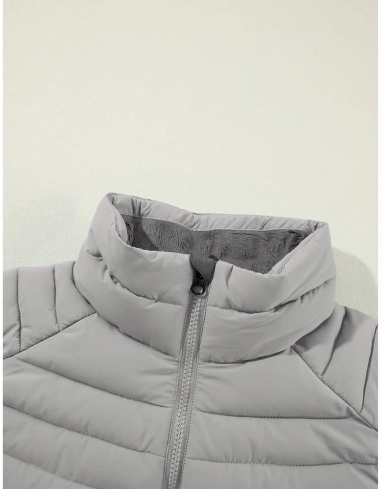 Silvery Plush Collared Quilted Zipped Puffer Vest