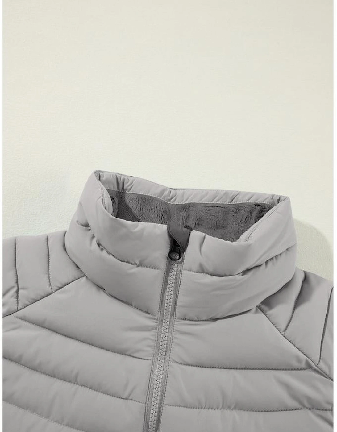 Silvery Plush Collared Quilted Zipped Puffer Vest