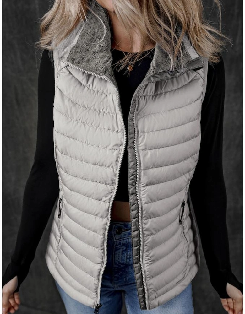 Silvery Plush Collared Quilted Zipped Puffer Vest
