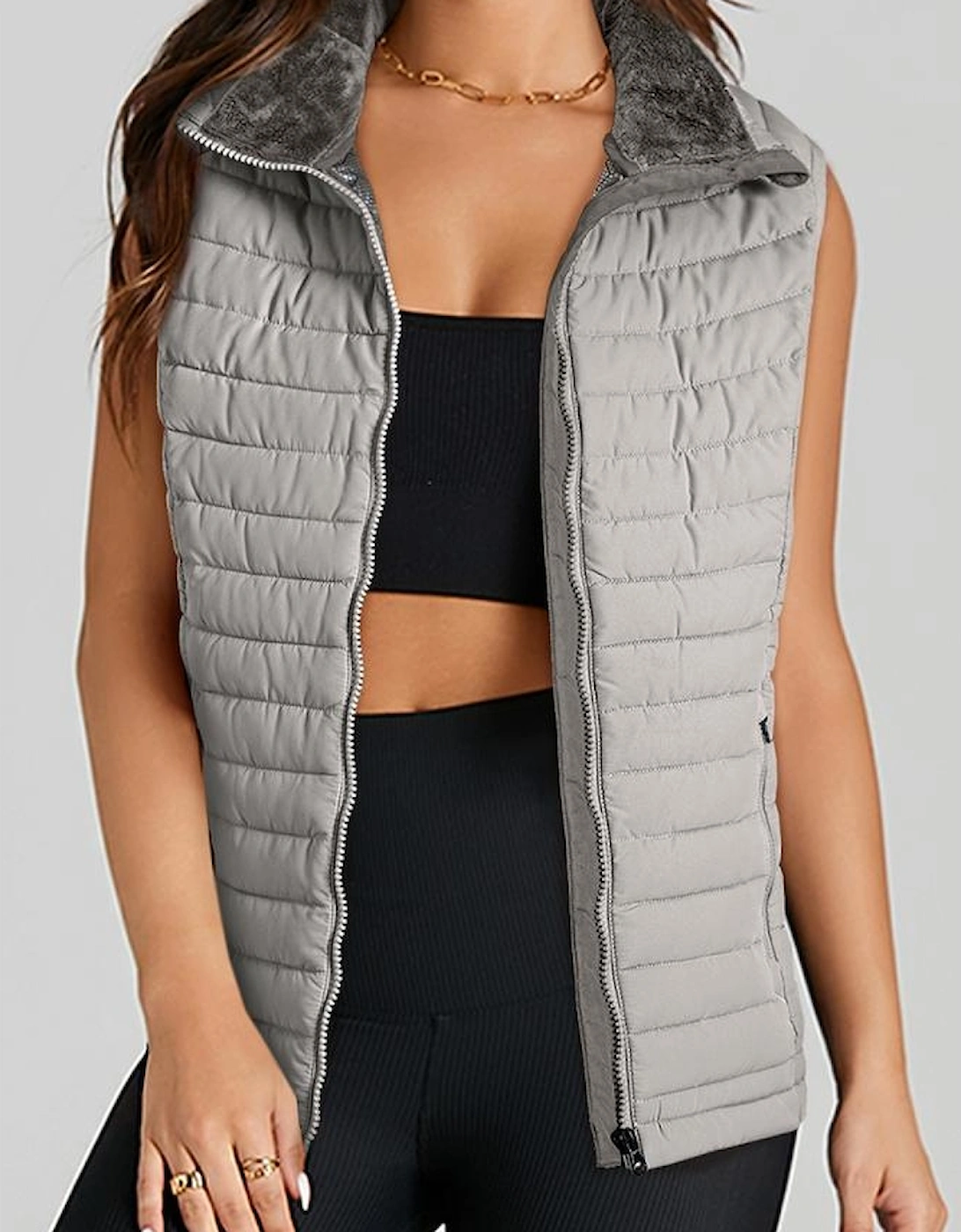 Silvery Plush Collared Quilted Zipped Puffer Vest