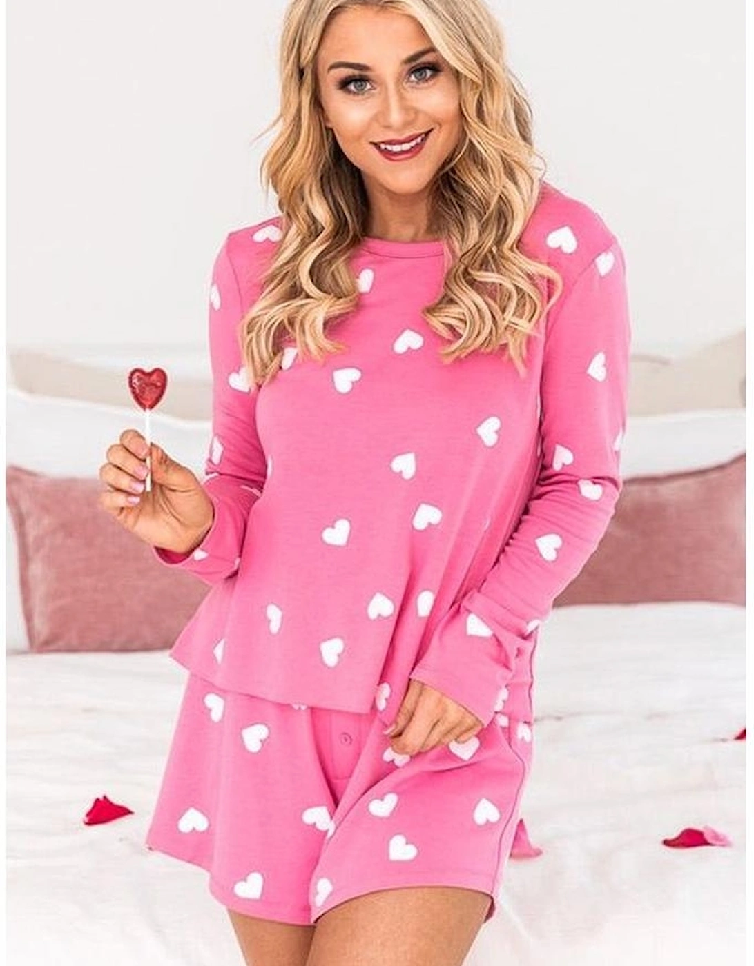 Pink Valentine Heart Print Long Sleeve Tee and Shorts Lounge Set