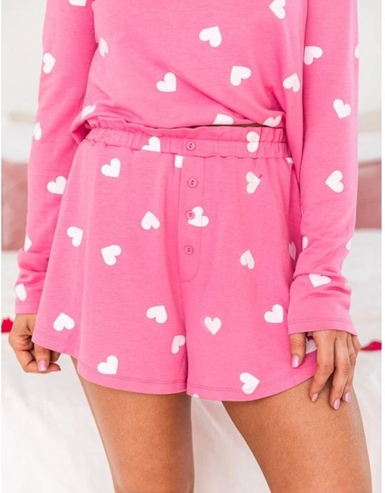 Pink Valentine Heart Print Long Sleeve Tee and Shorts Lounge Set